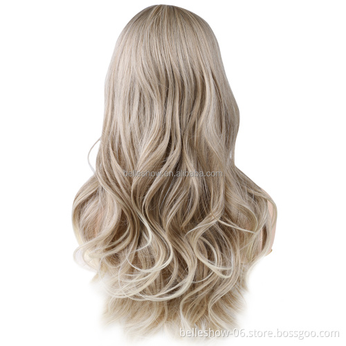 Hot sell Synthetic  Brown Wigs For Black Women Long Wavy Hair Wig With Neat Bangs Heat Resistant Fiber